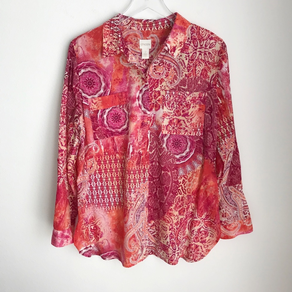 Chico's Pink Orange Paisley 100% Cotton Shirt Size L Lightweight Semi-Sheer